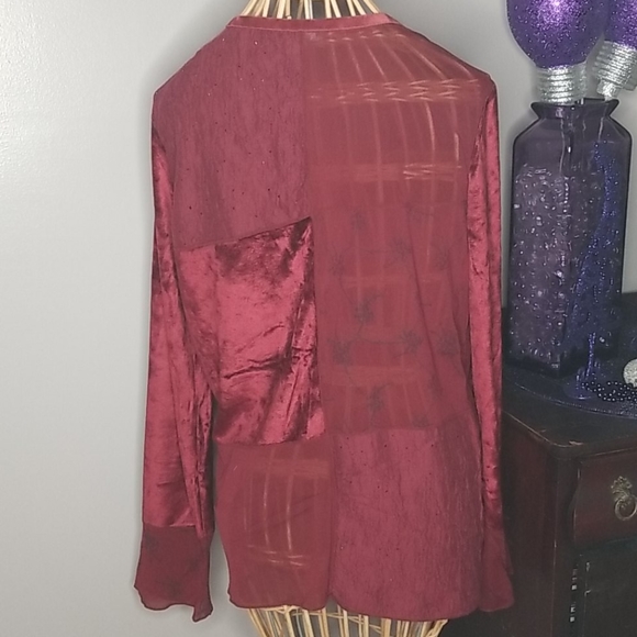 J. Jill Large Maroon Red Velvet Lace Sheer Patchwork Button Down Long Sleeve Top - Picture 4 of 12